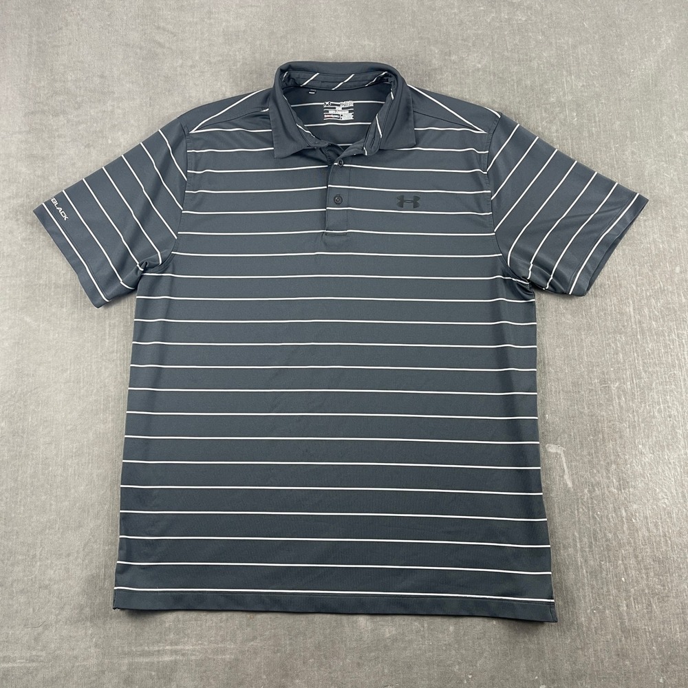 Under Armour Mens XL Gray Striped Polo Shirt HeatGear Coldblack Loose Fit